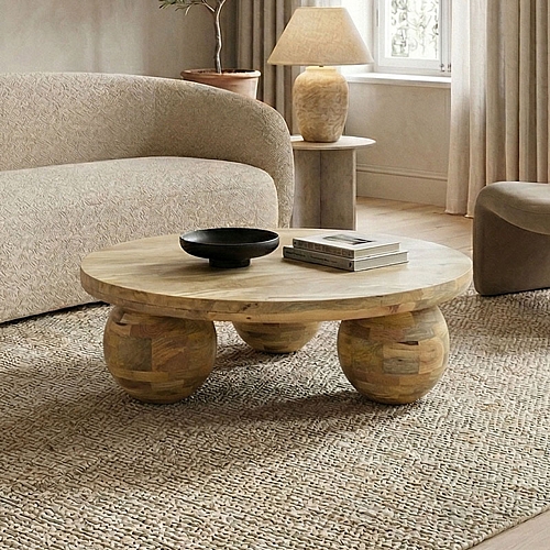 Τραπέζι σαλονιού Fedena pakoworld μασίφ μάνγκο ξύλο σε φυσική απόχρωση Φ90x30εκ