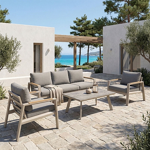 Σαλόνι κήπου Aeria pakoworld 4τεμ αλουμίνιο σε μπεζ απόχρωση - teak - ύφασμα γκρι Σαλόνι κήπου Aeria pakoworld 4τεμ αλουμίνιο σε μπεζ απόχρωση - teak - ύφασμα γκρι