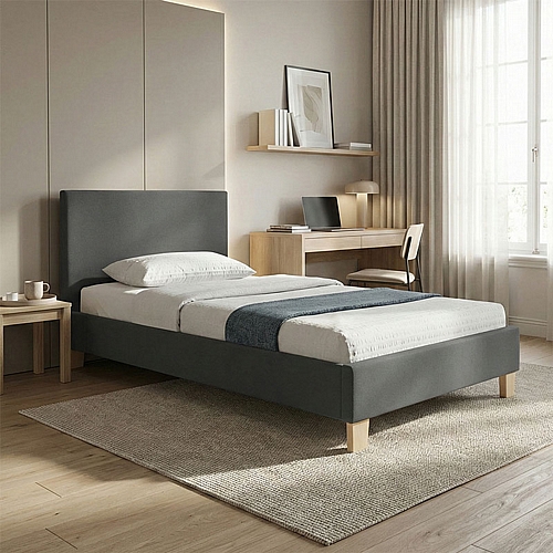 Κρεβάτι Nevil pakoworld ύφασμα ανθρακί με ξύλινο πόδι σε φυσική απόχρωση 100x200εκ