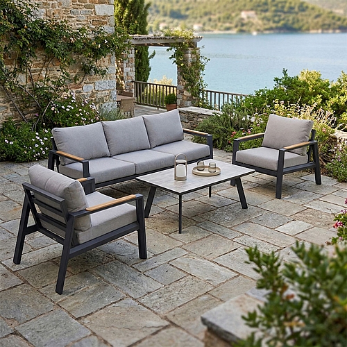 Σαλόνι κήπου Aeria pakoworld 4τεμ αλουμίνιο σε ανθρακί απόχρωση - teak - ύφασμα γκρι Σαλόνι κήπου Aeria pakoworld 4τεμ αλουμίνιο σε ανθρακί απόχρωση - teak - ύφασμα γκρι