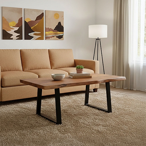 Τραπέζι σαλονιού Miles pakoworld μασίφ ξύλο ακακίας πάχους 3.7-4εκ σε καρυδί απόχρωση με μαύρα μεταλλικά πόδια 115x60x45εκ