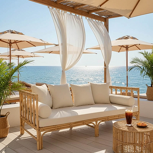 Καναπές Alessa pakoworld φυσικό rattan-λευκό ύφασμα με μαξιλάρια 200x100x76εκ Καναπές Alessa pakoworld φυσικό rattan-λευκό ύφασμα με μαξιλάρια 200x100x76εκ