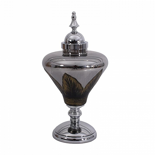 ΓΥΑΛΙΝΟ ΒΑΖΟ ΜΕ ΚΑΠΑΚΙ ΚΑΙ ΜΕΤΑΛΛΙΚΟ ΠΟΔΙ Fylliana FL104 ΜΑΥΡΟ-ΑΣΗΜΙ ΧΡΩΜΑ 25x50εκ