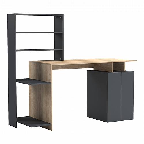 Γραφείο με βιβλιοθήκη και ντουλάπι Meza pakoworld sonoma-ανθρακί 146.3x55x128.8εκ
